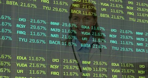Senior Female Doctor Behind Financial Ticker Overlay Showing Healthcare Data Analytics