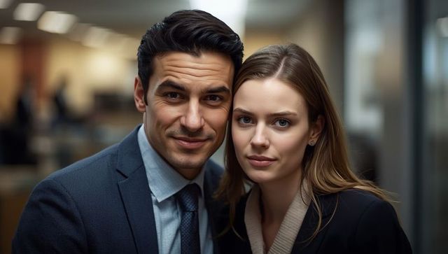 Business Professionals Posing in Modern Office Corridor