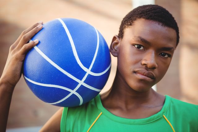 Teenage boy holding a blue basketball on his shoulder, wearing a green jersey. The image captures his focused and determined expression. Ideal for use in sports-related content, youth empowerment campaigns, athletic programs, and advertisements promoting physical activity and teamwork.