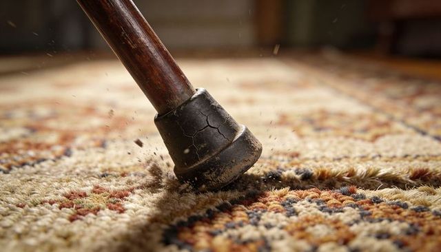Worn rubber cane ferrule pressing into patterned oriental rug, closeup dust motion