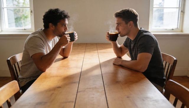 Two men sipping coffee at long wooden table in sunlit home morning conversation