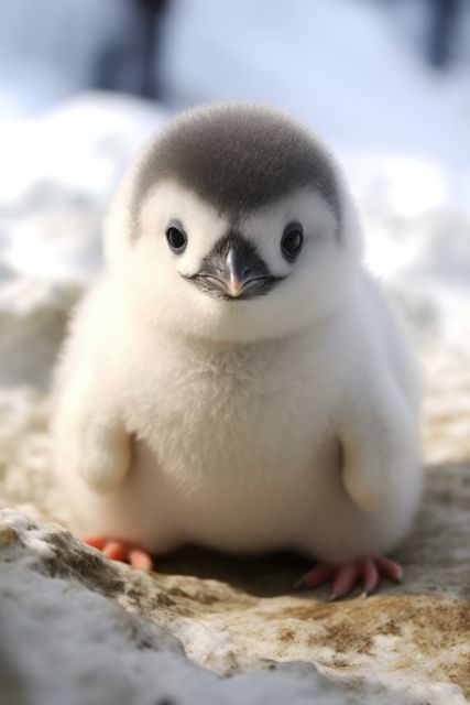 The young penguin chick is standing on the snowy ground, showcasing its fluffy feathers and innocent expression. Perfect for use in children's books, wildlife documentaries, educational materials, and travel advertisements highlighting cold climates or Antarctic regions.