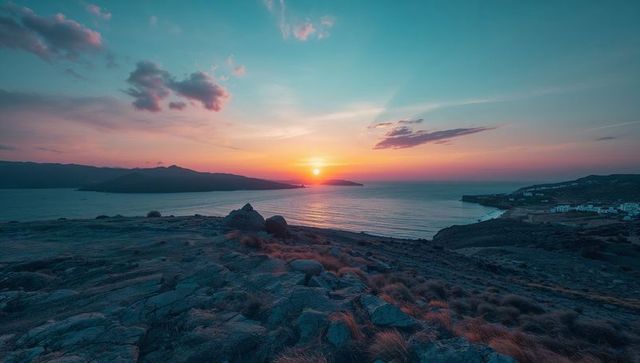 Vibrant Sunset Over Rocky Coastal Hillside Near Tranquil Bay