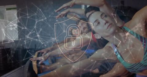 Group fitness class stretching with digital security overlay protecting workout data