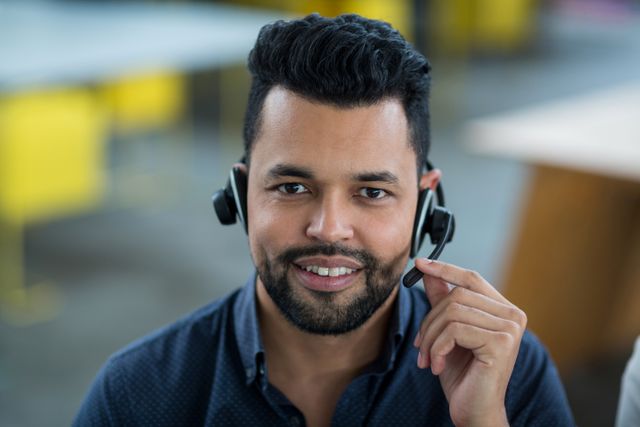 Business executive smiling while using a headset in an office environment. Ideal for illustrating customer service, call center operations, professional communication, and workplace efficiency. Suitable for corporate websites, customer support materials, and business presentations.