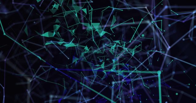 Abstract digital network with intricate geometric shapes and lines glowing in blue and green colors. Suitable for technology backgrounds, artificial intelligence concepts, blockchain, data communication, internet, and futuristic representations.