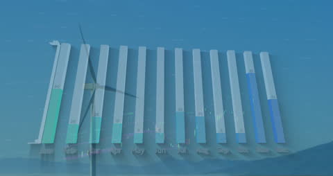 Animated Data Overlay on Wind Turbine Scene Indicating Renewable Energy Trends