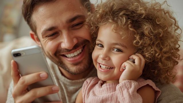 Father and Daughter Sharing Joyful Moment with Phones