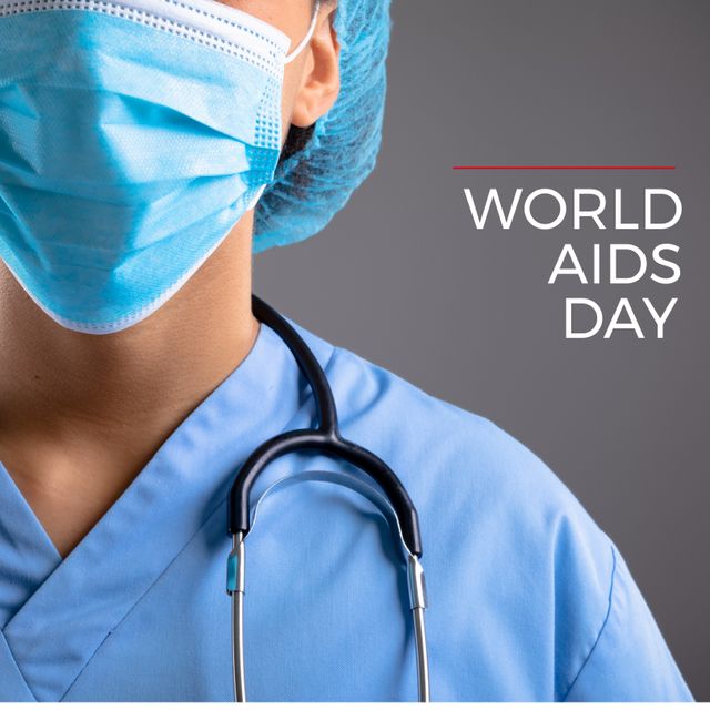 Composition of world aids day text over caucasian female doctor. World aids day and celebration concept digitally generated image.