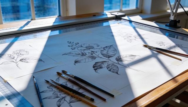 Sunlit botanical illustration on drafting table with brushes, ruler, ink linework