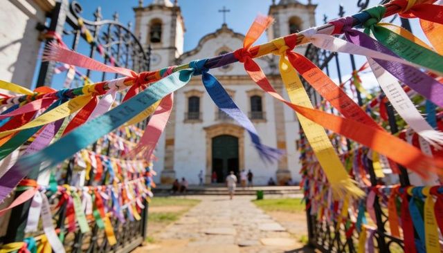 Fluttering colorful ribbons decorating iron gate of historic church entrance