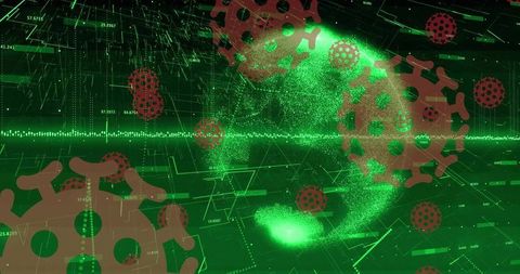 Floating virus symbols on digital data visualization background