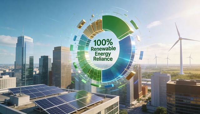 100% renewable energy reliance over urban skyline with solar rooftops and wind turbines