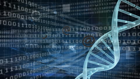 Futuristic DNA Visualization Over Data Matrix