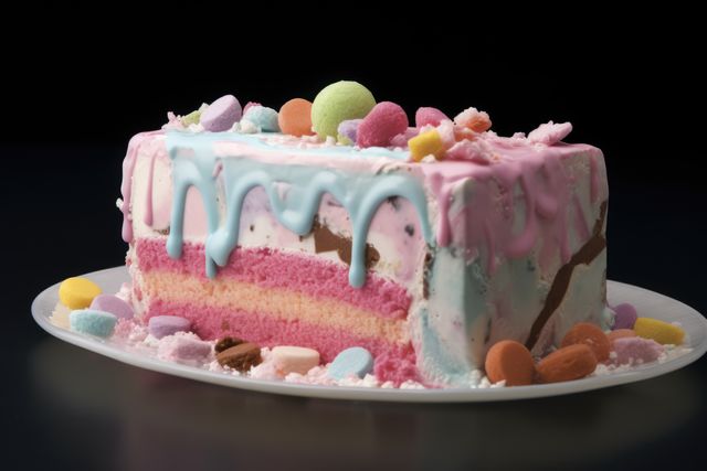 Ice cream cake with pink and blue icing and sweets on top, created using generative ai technology. Cake, celebration, treat, sweet food and deserts concept digitally generated image.