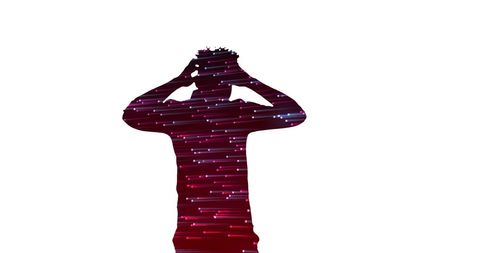 Silhouette of person with glowing light trails on white background
