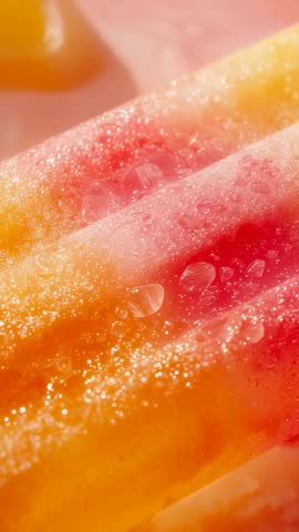 Vertical close-up video of striped fruit popsicles with frost droplets glistening on pink backdrop