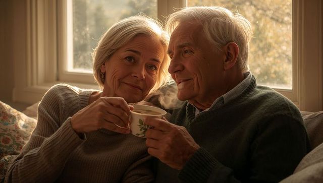Senior couple sipping tea on sofa by window sharing warm companionship and affection