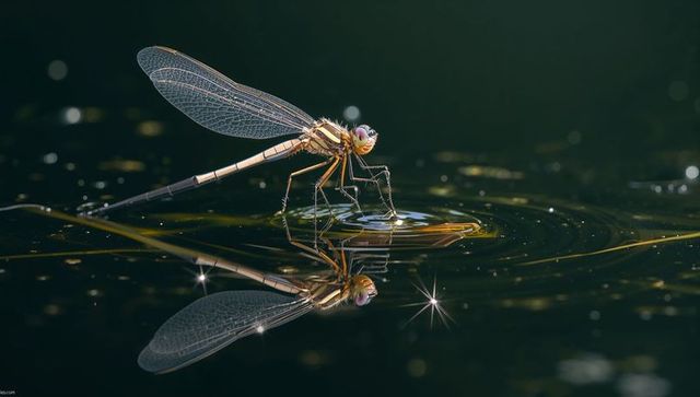 Golden damselfly perching on dark pond creating mirrored ripples and star highlights