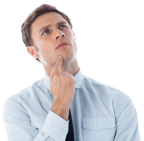 Professional man thinking with finger on chin, transparent background