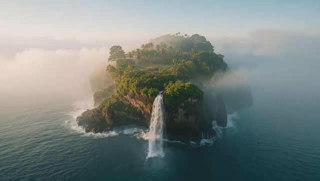 Misty Island with Waterfall and Palms at Sunrise
