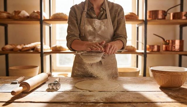 Baker sifting flour over dough in rustic bakery with wooden table and copper pans