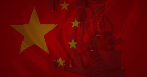 graphic displaying a chinese flag overlaid on an oil derrick conveys themes related to china's energy industry and economic strategies. suitable for themes in global trade, energy markets, international relations, and trade publications.