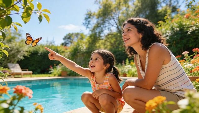 Mother daughter watching monarch butterfly by backyard pool on sunny summer day