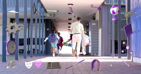 Students Walking in School Hallway with Educational Icons Overlay