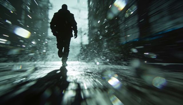 Hooded runner sprinting through rain-slick alleyway with dramatic backlight and motion