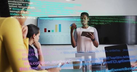Business meeting with virtual data interface
