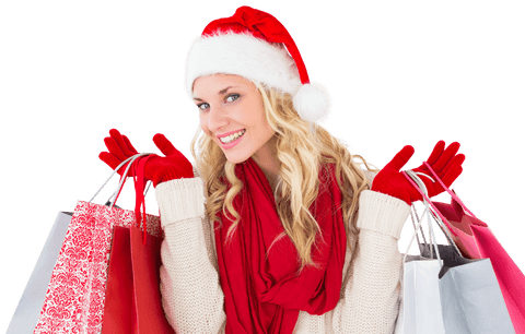 Smiling Woman with Christmas Shopping Bags on Transparent Background