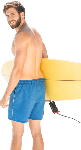 Smiling surfer holding surfboard on transparent background