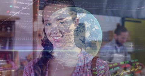 Innovative businesswoman with digital globe and stock data visualization