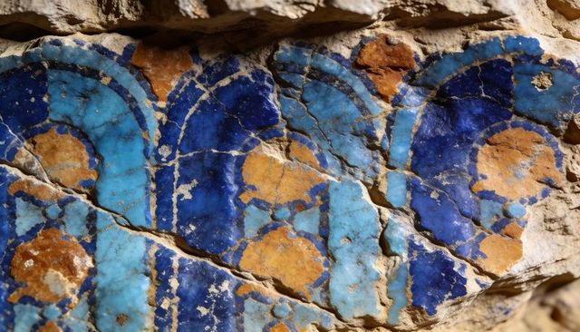 Ancient cobalt and turquoise glazed tile fragment with arch motifs and ochre medallions