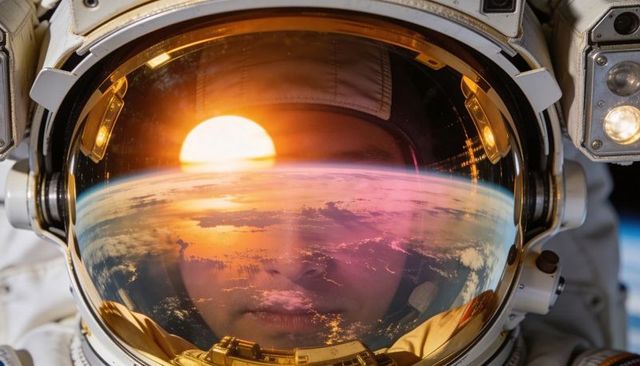 Male astronaut helmet reflecting earth dawn over orbital horizon, visor showing sunrise