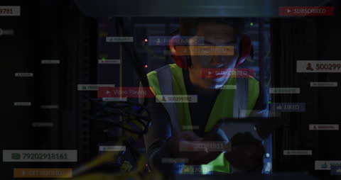 IT Engineer Monitoring Server Room with Network Notification Overlay