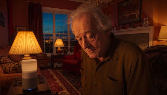 Elderly man engaging with smart speaker in cozy living room