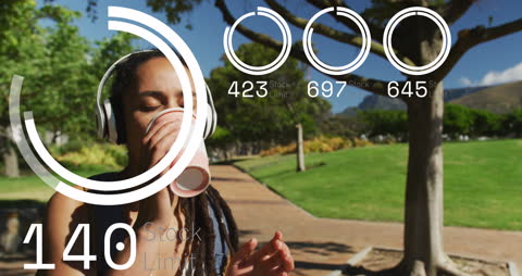 Woman Multitasking with Coffee and Music Outdoors While Analyzing Technology