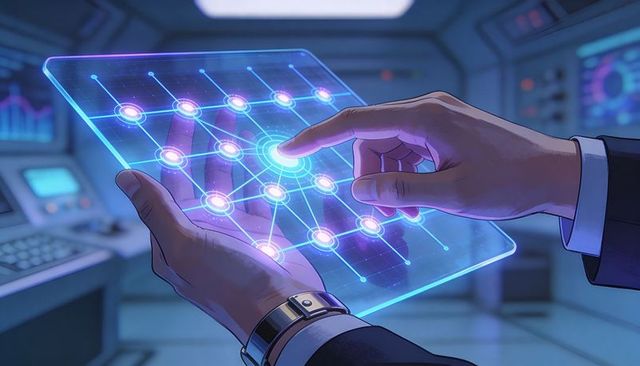 Businessman operating holographic control panel with glowing neural grid and smartwatch