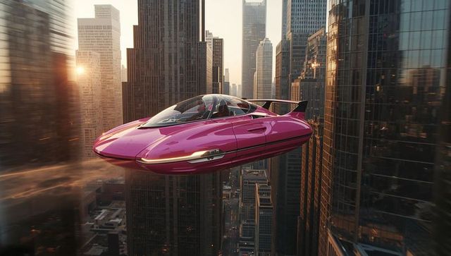 Futuristic pink hovercar gliding through cityscape at dusk