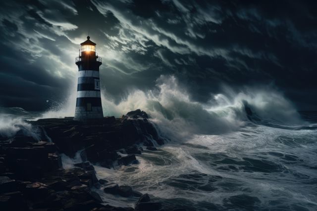 Lighthouse and stormy seas at night, created using generative ai technology - Download Free Stock Photos Pikwizard.com