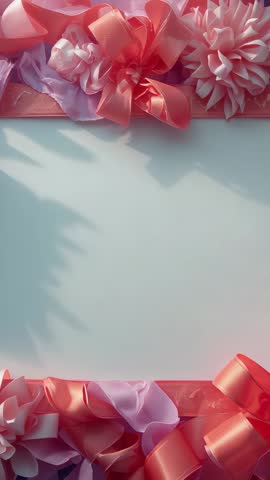 Satin Ribbon Frame Forming in Vertical Video Featuring Pink and Coral Bows for Elegant Background