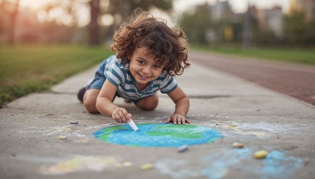 Curly-haired child drawing globe with chalk at parkside