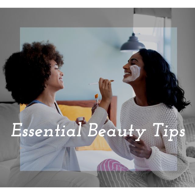 Composition of essential beauty tips text with diverse female friends applying beauty face mask. Picture maker concept digitally generated image.