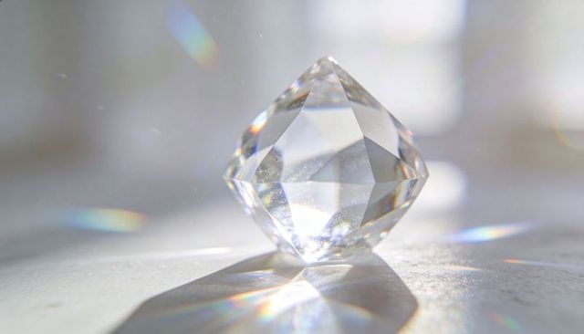 Faceted crystal prism casting rainbow flares and soft bokeh on bright tabletop