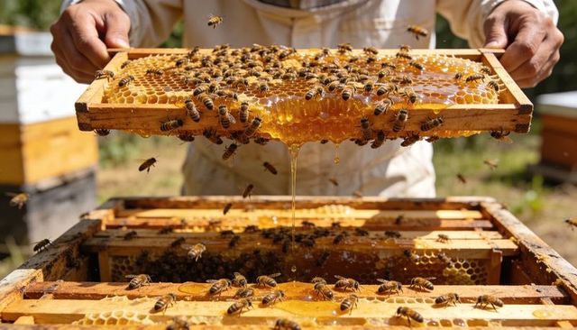 Beekeeper harvesting golden honeycomb frame with dripping honey and busy bees