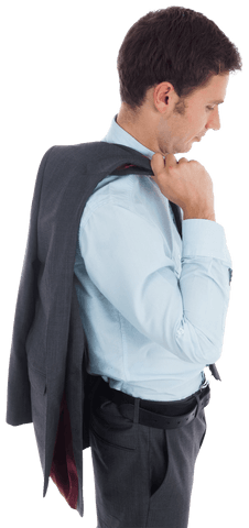 Serious Young Businessman Holding Jacket on Transparent Background