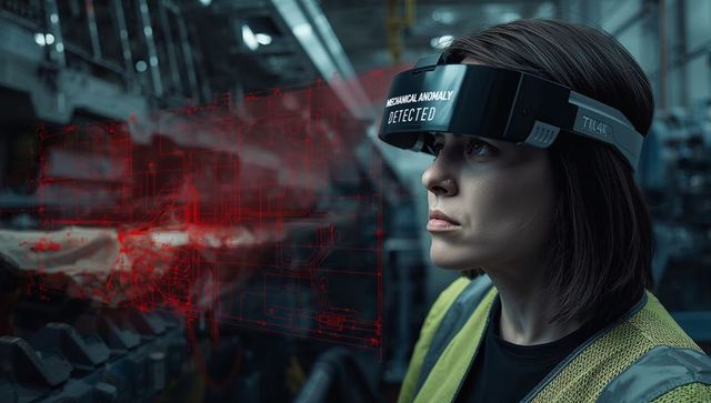 Female technician wearing ar headset detecting mechanical anomaly in smart factory