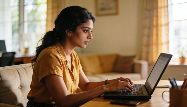 Focused woman working from home on laptop in sunlit living room for remote productivity
